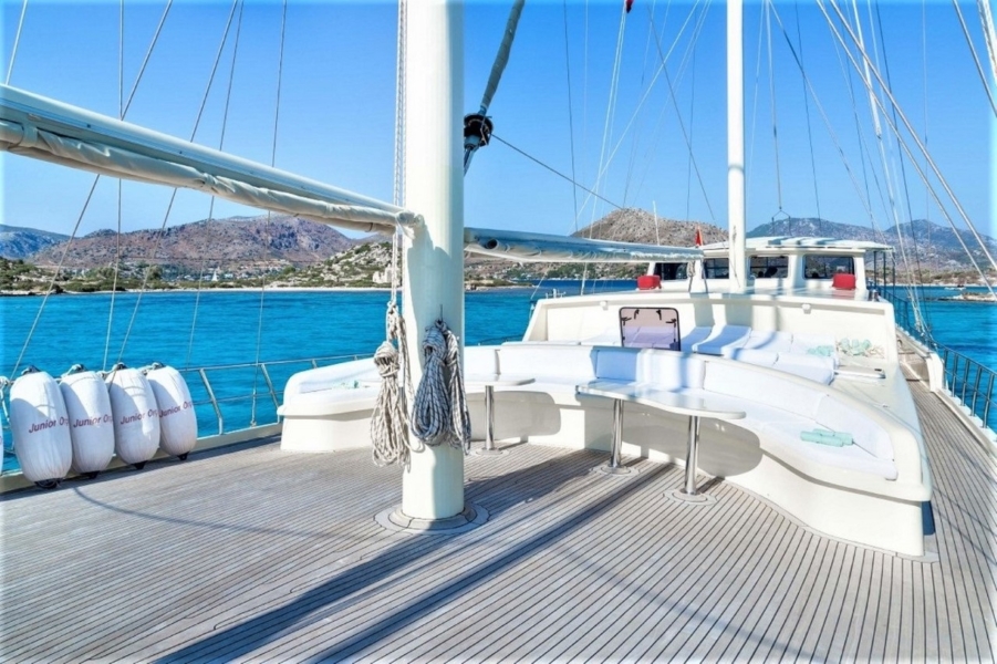 Gulet Junior Orcun for a blue cruise from Bodrum or Marmaris. A classic Turkish gulet offering comfort, privacy, and scenic Mediterranean routes.