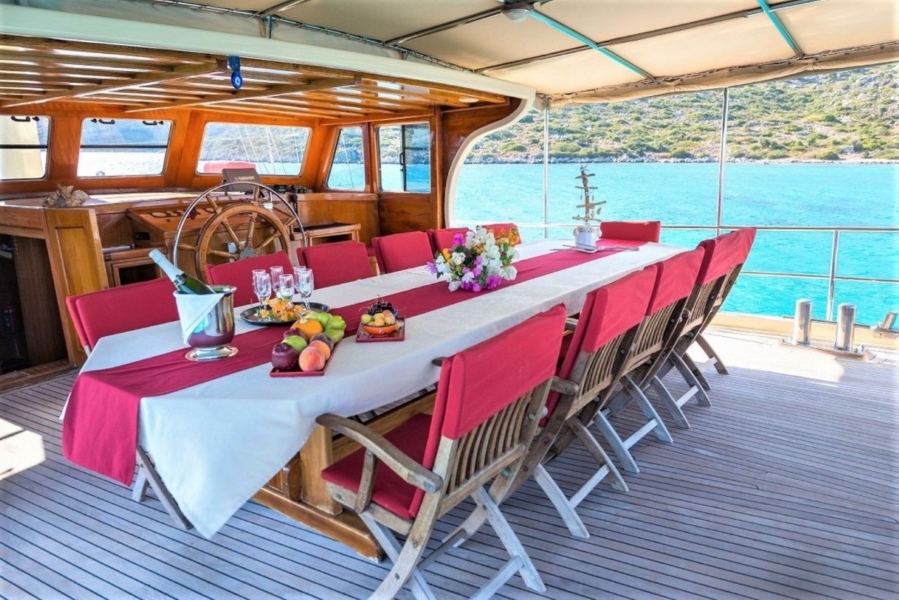 Gulet Junior Orcun for a blue cruise from Bodrum or Marmaris. A classic Turkish gulet offering comfort, privacy, and scenic Mediterranean routes.