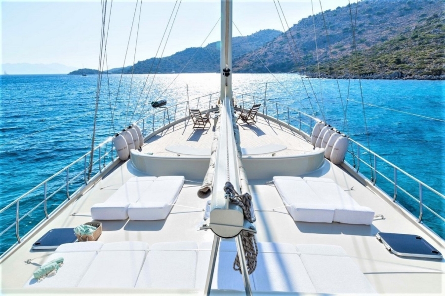 Charter the 34m Kaptan Mehmet Buğra Gulet in Turkey. 8 cabins for 18 guests, Jacuzzi on deck, professional crew, and premium Blue Cruise along Marmaris, Bodrum, Göcek & Aegean coasts.