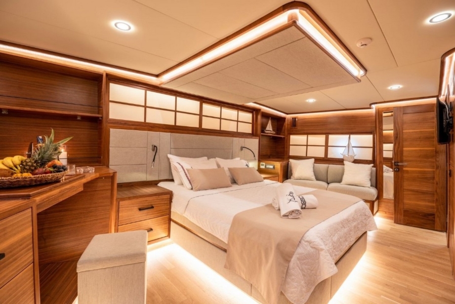 Charter the 34m Kaptan Mehmet Buğra Gulet in Turkey. 8 cabins for 18 guests, Jacuzzi on deck, professional crew, and premium Blue Cruise along Marmaris, Bodrum, Göcek & Aegean coasts.