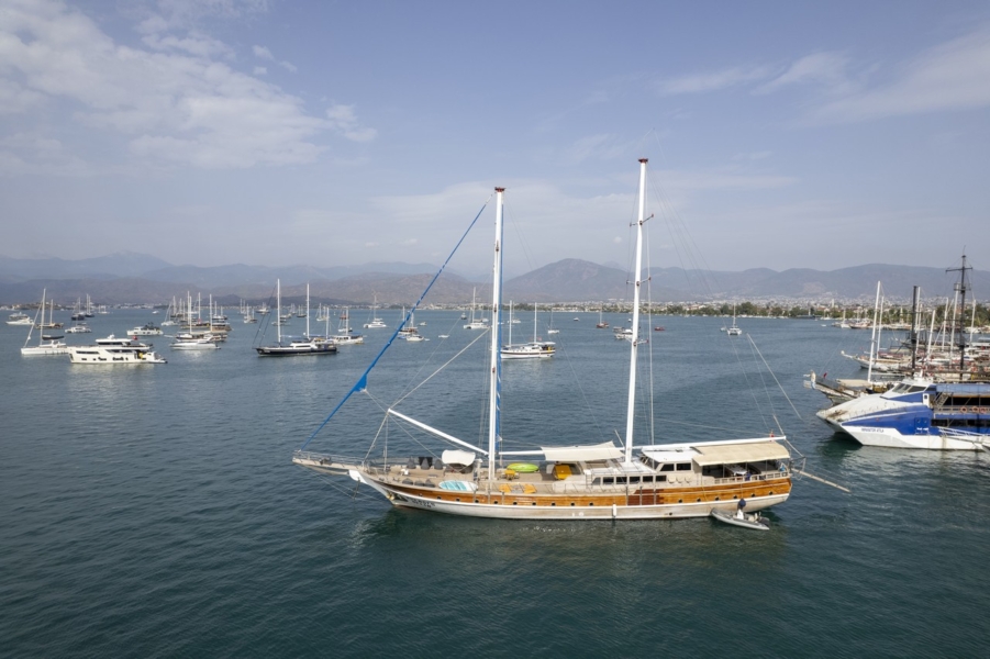 Charter Prenses Selin, a 37m luxury gulet in Turkey with 8 cabins for up to 18 guests. Perfect for private Blue Cruise holidays from Fethiye