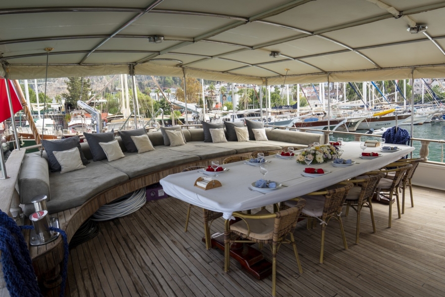 Charter Prenses Selin, a 37m luxury gulet in Turkey with 8 cabins for up to 18 guests. Perfect for private Blue Cruise holidays from Fethiye