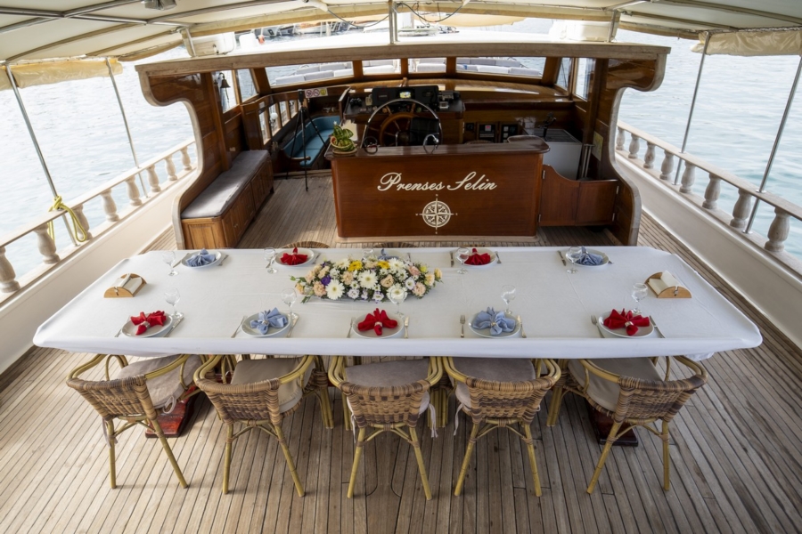 Charter Prenses Selin, a 37m luxury gulet in Turkey with 8 cabins for up to 18 guests. Perfect for private Blue Cruise holidays from Fethiye