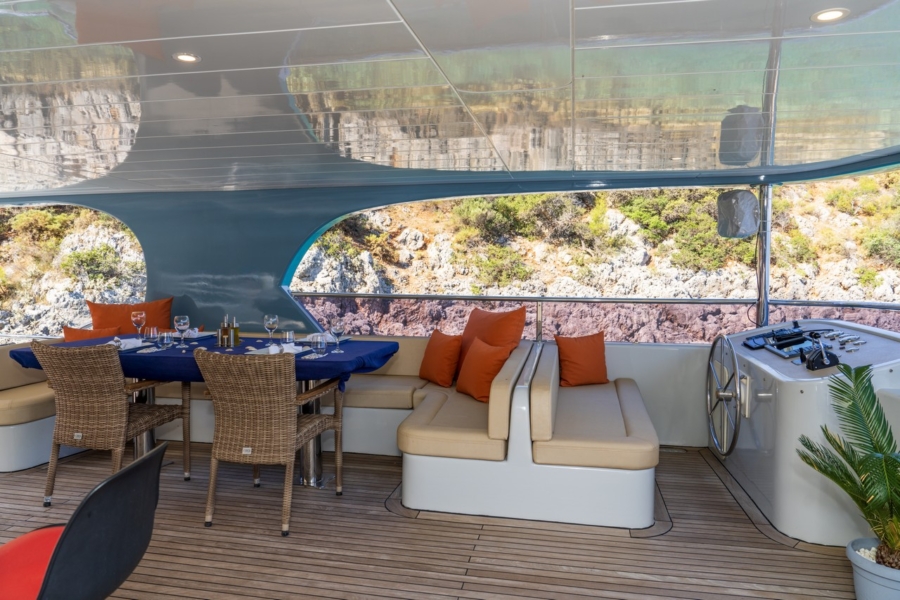 Simay F is a 26m luxury trawler offering 4 elegant cabins, spacious flybridge, and relaxed cruising along the Turkish Riviera.