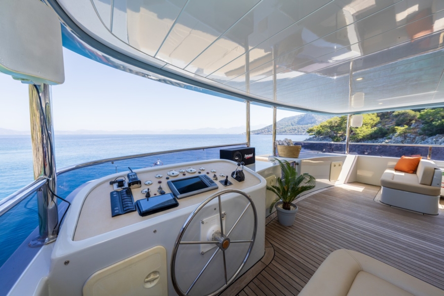 Simay F is a 26m luxury trawler offering 4 elegant cabins, spacious flybridge, and relaxed cruising along the Turkish Riviera.