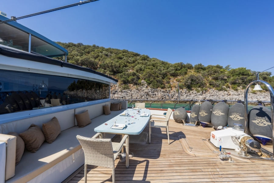 Simay F is a 26m luxury trawler offering 4 elegant cabins, spacious flybridge, and relaxed cruising along the Turkish Riviera.