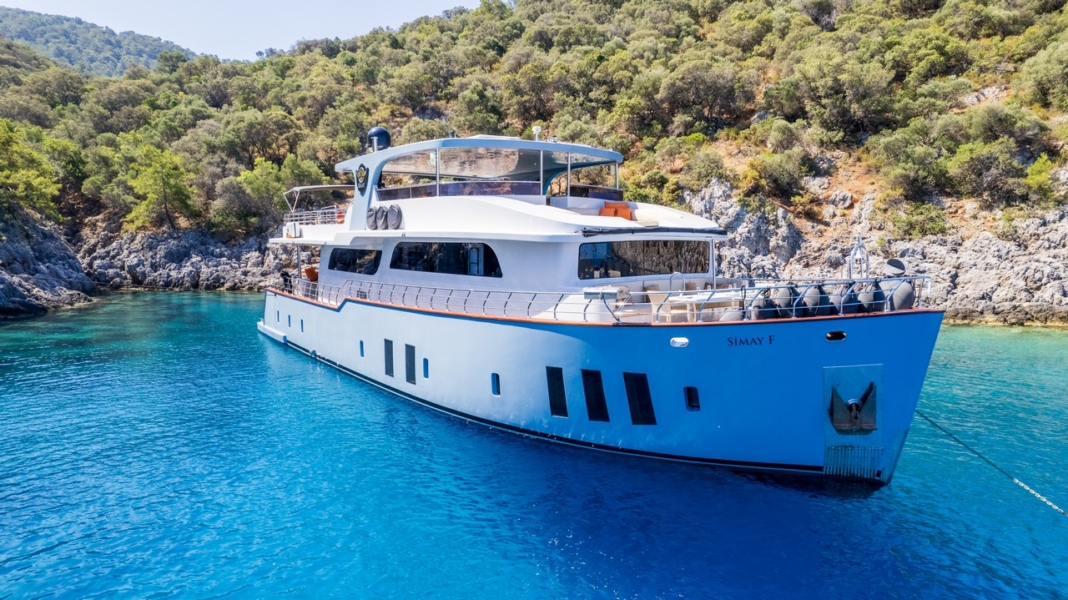 Simay F is a 26m luxury trawler offering 4 elegant cabins, spacious flybridge, and relaxed cruising along the Turkish Riviera.