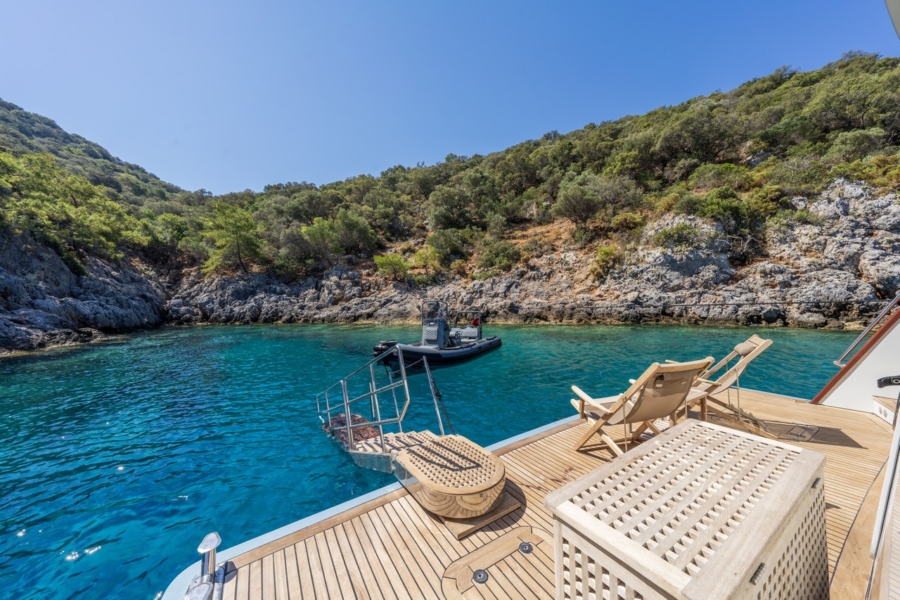 Simay F is a 26m luxury trawler offering 4 elegant cabins, spacious flybridge, and relaxed cruising along the Turkish Riviera.