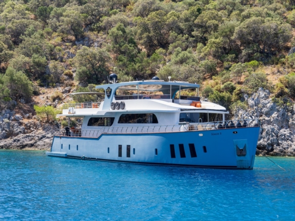 Simay F is a 26m luxury trawler offering 4 elegant cabins, spacious flybridge, and relaxed cruising along the Turkish Riviera.
