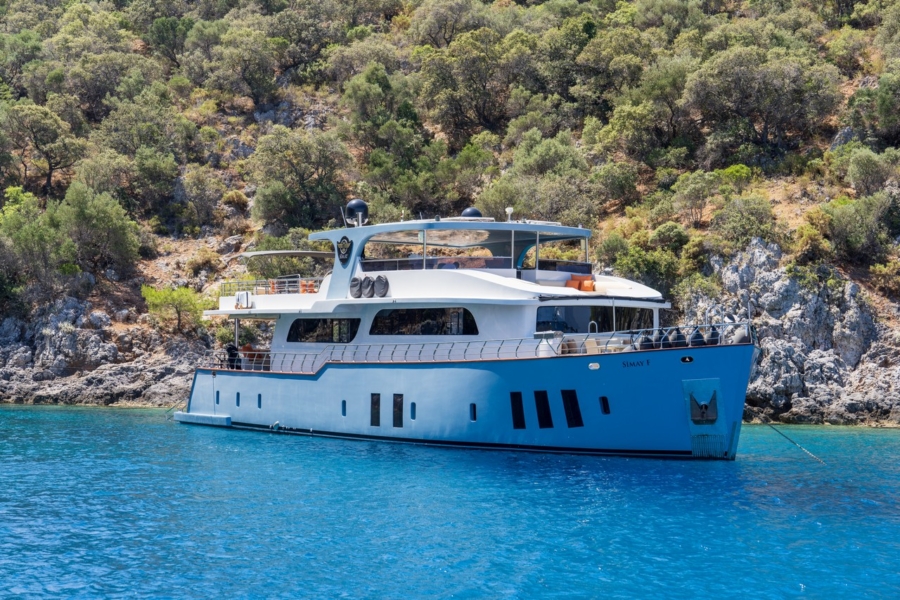 Simay F is a 26m luxury trawler offering 4 elegant cabins, spacious flybridge, and relaxed cruising along the Turkish Riviera.