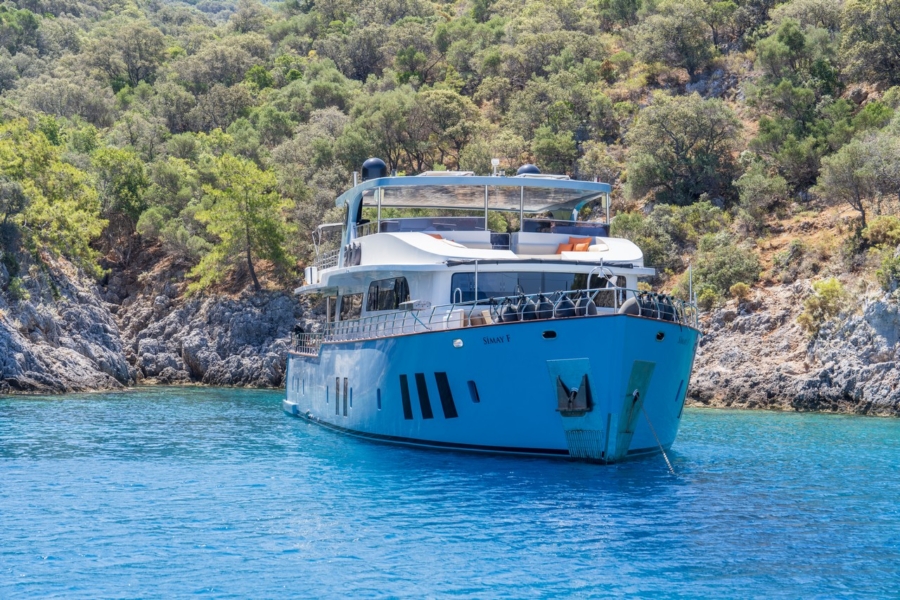 Simay F is a 26m luxury trawler offering 4 elegant cabins, spacious flybridge, and relaxed cruising along the Turkish Riviera.