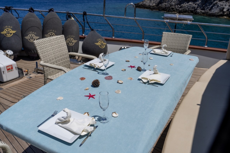 Simay F is a 26m luxury trawler offering 4 elegant cabins, spacious flybridge, and relaxed cruising along the Turkish Riviera.