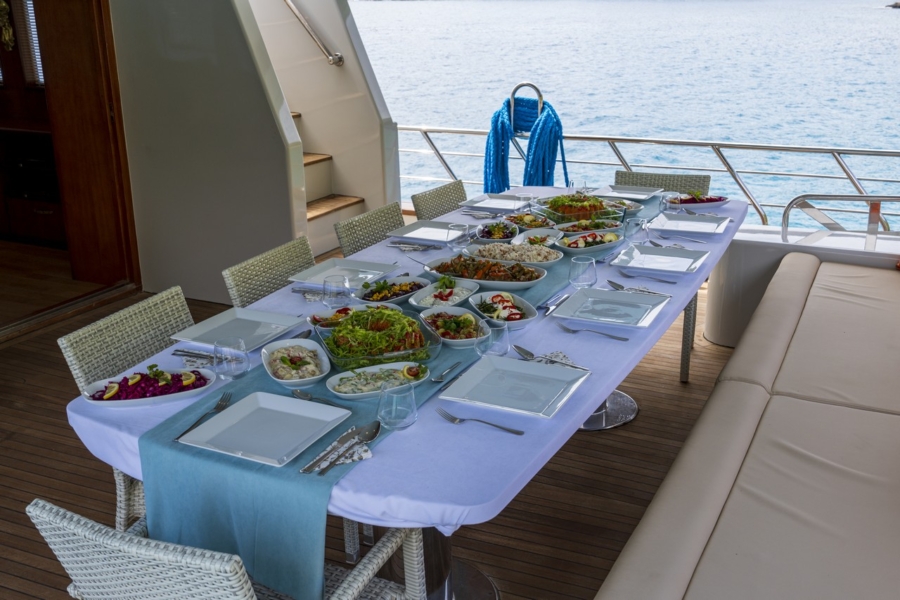 Simay S Trawler in Turkey. Luxury trawler yacht with 5 cabins for 10 guests, professional crew, jacuzzi and Blue Cruise routes.