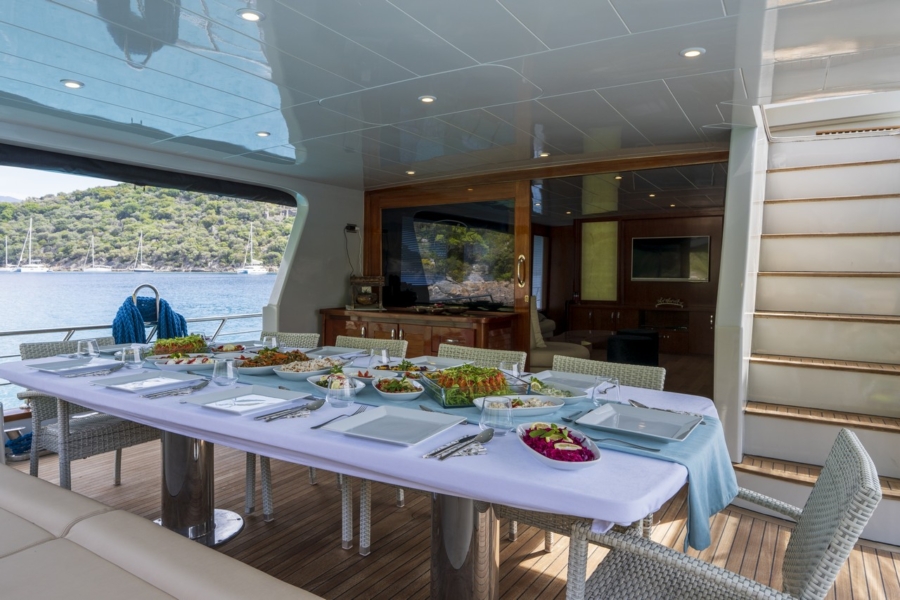 Simay S Trawler in Turkey. Luxury trawler yacht with 5 cabins for 10 guests, professional crew, jacuzzi and Blue Cruise routes.
