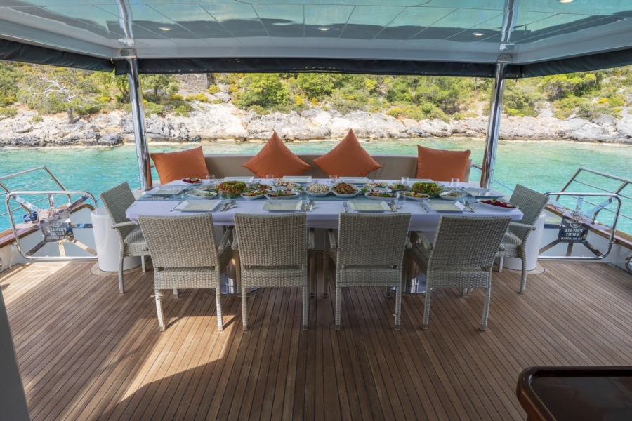 Simay S Trawler in Turkey. Luxury trawler yacht with 5 cabins for 10 guests, professional crew, jacuzzi and Blue Cruise routes.