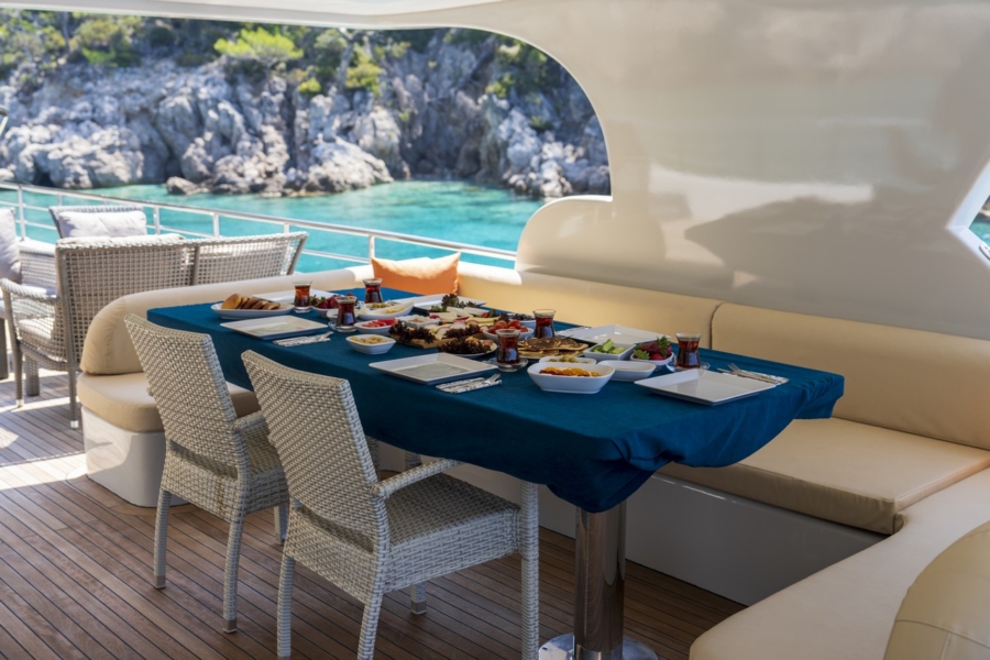 Simay S Trawler in Turkey. Luxury trawler yacht with 5 cabins for 10 guests, professional crew, jacuzzi and Blue Cruise routes.