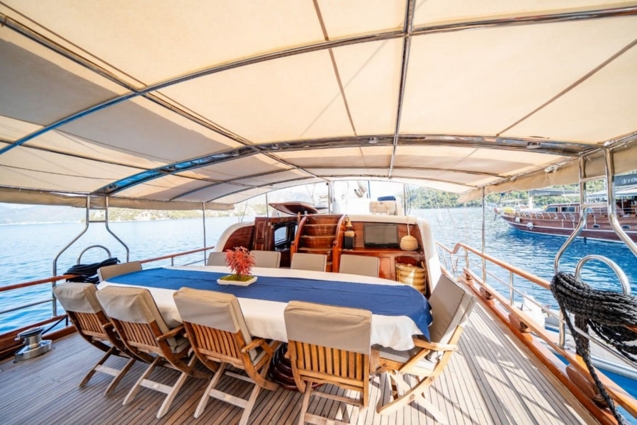 Luxury 24m gulet with 5 cabins for up to 10 guests. Explore Marmaris, Bodrum, Göcek with private crew and full water sports amenities.