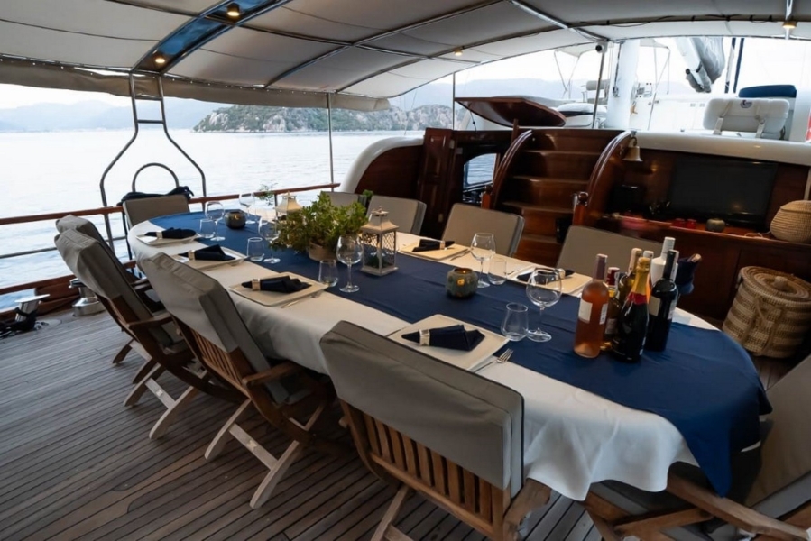Luxury 24m gulet with 5 cabins for up to 10 guests. Explore Marmaris, Bodrum, Göcek with private crew and full water sports amenities.