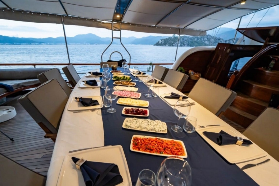 Luxury 24m gulet with 5 cabins for up to 10 guests. Explore Marmaris, Bodrum, Göcek with private crew and full water sports amenities.