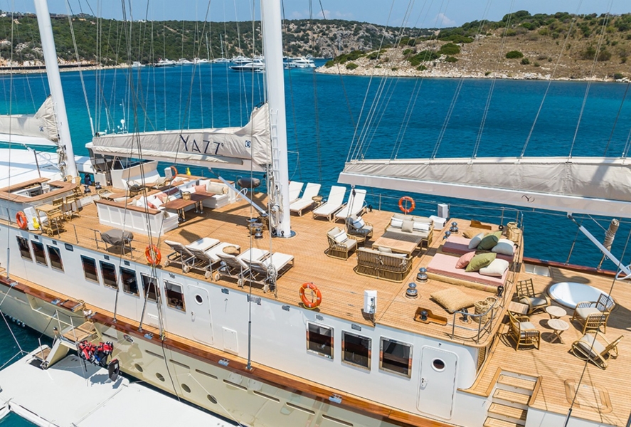 Experience an unforgettable blue cruise aboard YAZZ yacht in Turkey & Greek Islands. 5 cabins, 11 guests, water sports, private routes, ultimate luxury